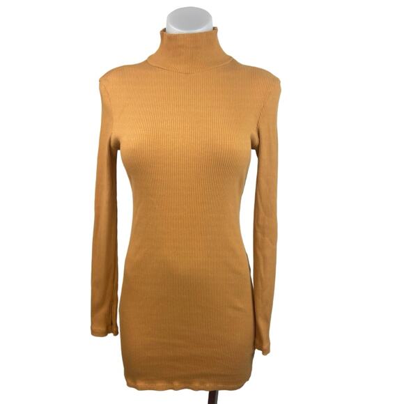 Collusion Yellow Tan Ribbed Knit Turtleneck Long Sleeve Mini Bodycon Dress Sz 8 - Picture 1 of 5